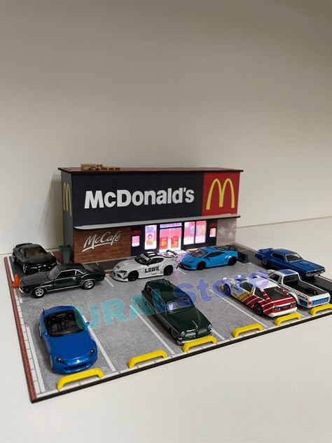 Excited to share the latest addition to my #etsy shop: For 1:64 Scale Cars - Fast Food Diorama and Parking Lot for sale - Hotwheels Matchbox Greenlight etc. #wood #diorama #dioramagarage #hotwheels #diecast #164scale #carstorage #majorette #display Parking Diorama 1:64, Diorama Parking Lot, Car Show Display Ideas, Hot Wheels Parking Garage, 1/64 Scale Diorama, Hotwheels Diorama Diy, Diorama Garage 1/64, 1/64 Diorama, Hotwheels Display Ideas