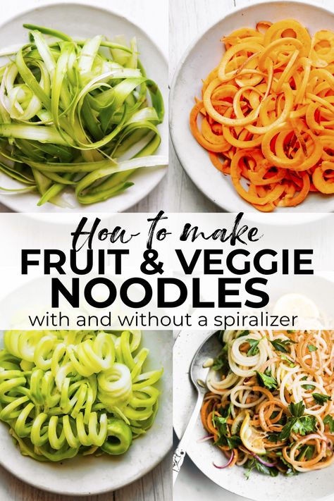 Veggie noodles and fruit noodles are easy to make, but sometimes we don't have spiralizers on hand and we want to avoid a mess. Instead, turn your favorite vegetables and fruits into delicious, healthy noodles with or without a spiralizer! I'll show you how - it's easy! #vegetarian #noodles #zoodles #spiralizer #vegan #paleo Fruit Noodles, Cook Zucchini Noodles, Veggie Noodles Recipes, Vegetarian Noodles, Carrot Noodles, Healthy Noodles, How To Cook Broccoli, How To Cook Zucchini, Zoodle Recipes