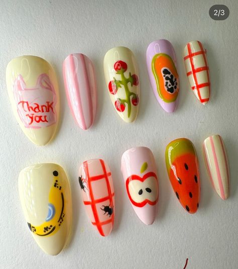 Nail Designs Cute, Food Nails, Watermelon Strawberry, Kawaii Fruit, Nail Time, Nails Fashion, Beauty Tricks, Press Ons, Fruit Garden