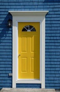 blue and yellow Cedar Shake House, Yellow Front Door, Yellow Front Doors, Front Door Paint Colors, Yellow Door, Door Paint Colors, Suburban House, Yellow Doors, Painted Front Doors