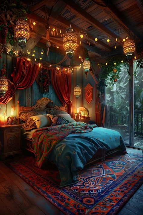 29 Gypsy Boho Bedroom Inspirations for Free-Spirited Souls 14 India Inspired Bedroom, Indian Style Bedroom, Magical Lighting, Boho Cabin, Boho Bedroom Inspirations, Boho Bedroom Design, Canopy Bedroom, Bohemian Style Interior, Boho Bedroom Ideas