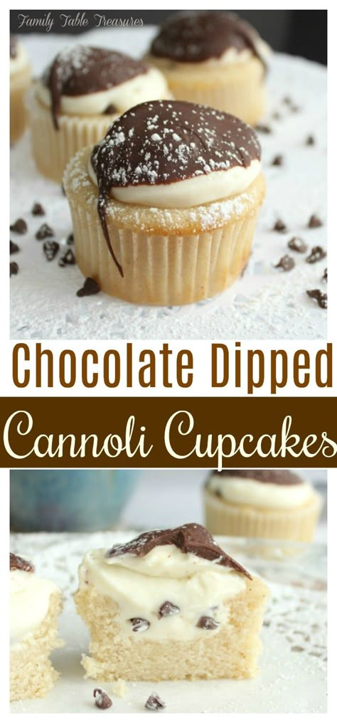 Chocolate Dipped Cannoli Cupcakes - Family Table Treasures Cannoli Cupcakes, Cannoli Cupcake, Dessert Halloween, Italian Dessert, Oreo Dessert, Family Table, Easy Cookie Recipes, Italian Desserts, Cannoli