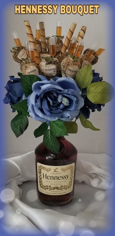 Hennessy bouquet Mini Liquor Bottle Bouquet Diy, Hennessy Gift Basket Ideas, Men Money Bouquet, Liquor Bouquet For Men, Alcohol Flower Bouquet, Money Bouquet For Men, Mini Alcohol Bouquet, Quirky Cakes, Business Gift Baskets