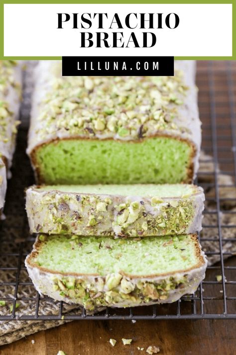 Easy and delicious Frosted Pistachio Bread is especially sweet. The best part is it's glazed and involves no yeast!! #pistachiobread #breadrecipe #pistachio #quickbread Pistachio Bread Recipe Simple, Pistachio Quick Bread, Yeast Bread Recipes Sweet, Pistachio Pudding Bread, Pistachio Oil Recipes, Pistachio Bread With Box Cake, Pistachio Bread Recipe From Scratch, Recipes Using Pistachios, Pistachio Bread Recipe