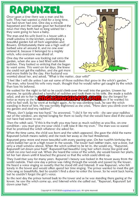 Rapunzel ESL Reading Text Worksheet For Kids Rapunzel Story Book, Rapunzel Story, Fairytale Lessons, Small Stories For Kids, Bed Time Stories, English Moral Stories, Good Bedtime Stories, Reading Comprehension For Kids, Esl Reading