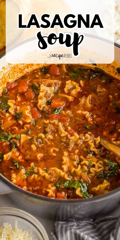 Have a bowl of this one-pot lasagna soup! This hearty soup is a warm dinner idea to make on the stove top or in the Instant Pot. Full of ground beef, veggies, and cheese, this winter dish is one of the best comfort food recipes! Lasagna Soup Instant Pot, Best Lasagna Soup Recipe, Soup With Beef Broth, Soup In Instant Pot, Crockpot Lasagna Soup Recipe, Winter Food Ideas, Lasagne Soup, Lasagna Soup Crockpot, Meals High Protein