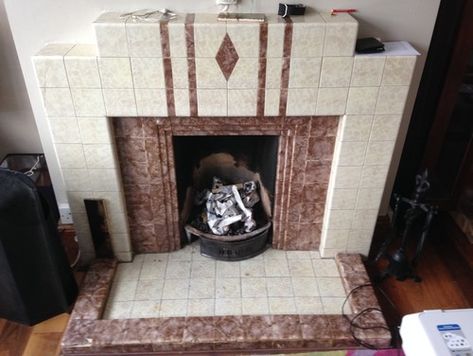 1950s tiled fireplace 1940s Fireplace, 1950s Fireplace, 1950s Living Room, 50s House, Tiled Fireplace, Art Deco Fireplace, Fireplace Fronts, Dining Room Fireplace, Fireplace Fan