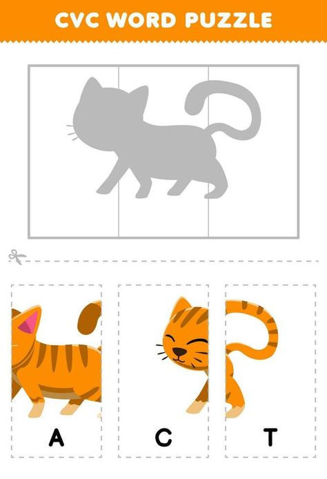 Education game for children to learn cvc word by complete the puzzle of cute cartoon cat picture printable worksheet Cvc Puzzle, Cvc Games, Cvc Words Worksheets, Cute Cartoon Cat, Game For Children, Cvc Word, Cat Picture, Cat Puzzle, Word Puzzles