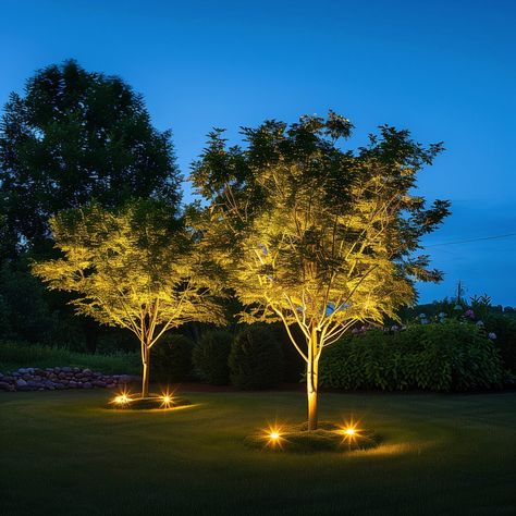 backyard_lighting_ideas_trees 10 Lights Shining Up On Trees, Up Lighting Landscape Trees, Up Lights Landscape, Backyard Light Ideas, Garden Tree Lights, Up Lighting Trees, Solar Light Tree, Tree Landscape Lighting, Light For Trees