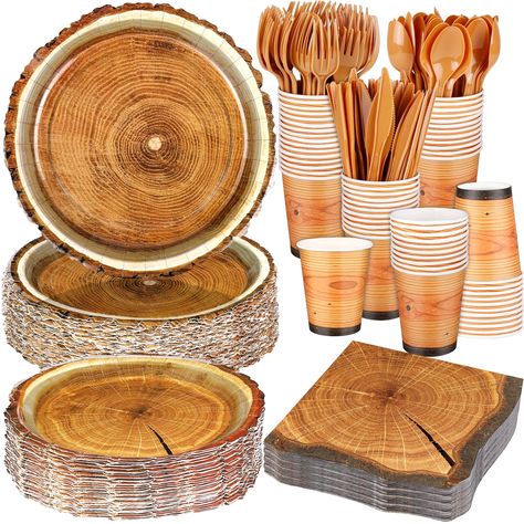 PRICES MAY VARY. Hunting camping tableware set: our rustic wood slice paper party tableware set comes with 50 pieces of 7-inch wood grain slice paper plates, 50 pieces of 9-inch wood grain slice paper plates, 50 pieces of rustic wood slice napkins, 50 pieces of 9-ounce rustic wood slice paper cups. and 50 sets of log knives, forks and spoons; with nice combination and plentiful quantity, our hunting birthday party decorations will meet your party and daily needs Reliable material: our hunting ca Hunting Birthday Party Decorations, Camping Party Decorations, Dinnerware Sets Rustic, Hunting Birthday Party, Camping Theme Birthday, Hunting Birthday, Camping Birthday, Camping Party, Birthday Supplies