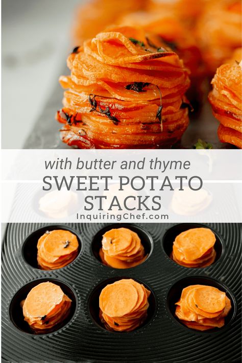 This recipe requires just a few ingredients and a muffin tin. The individual stacks make serving this holiday side dish a breeze at your Thanksgiving or Christmas celebration. Individual Thanksgiving Side Dishes, Sweet Potatoes In Muffin Tins, Individual Side Dishes, Brunch Sweet Potato Recipes, Gourmet Thanksgiving Side Dishes, Thanksgiving Side Dishes Sweet Potato, Thanksgiving Muffin Tin Recipes, Thanksgiving Sides Vegetarian, Christmas Healthy Food