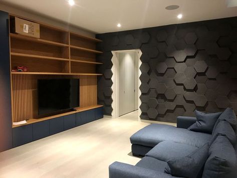 Hexagon foam tiles create acoustic bliss with a dramatic ‘honeycomb’ effect on your walls. They can be installed to create an uneven surface, absorbing and diffusing a wide range of frequencies and sound waves. Cut to any size, available in our full range of acoustic foams (G25, Melamine, Class 0) and, thanks to our unique colour coating systems, a choice of any RAL or Pantone colour is available for each individual tile, so you can deliver a hexagonal acoustic panel solution that’s truly unique Hexagon Acoustic Wall Panels, Foam Sound Panels Design, Hexagon Sound Panel Wall, 3d Acoustic Wall Panels, Acoustic Panels Wall Design Bedroom, Home Theater Acoustic Panels, Sound Proof Panel Design, Acoustic Foam Wall Design, Uneven Walls Solutions