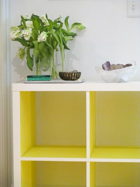 Paint the shelves yellow as well as the part of the shelf facing out...paint interior mint? Kallax Ikea Hack, Yellow Painted Furniture, Kallax Hack, Ikea Kallax Hack, Kallax Shelf, Ikea Design, Diy Ikea Hacks, Kallax Ikea, Furniture Hacks