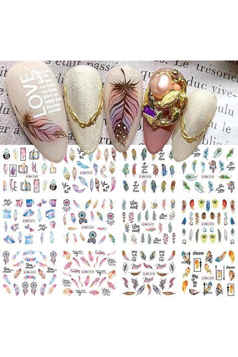 Feather Nail Art Stickers Water Decals Artificial Exquisite Feather Designs Spring Nail Art Supplies for Women Summer French Tip Stickers for Nail Art Set 12 Sheets Feather Nail, Feather Nail Art, Girls Nail Designs, Wave Nails, Feather Nails, Butterfly Nail Designs, Unghie Nail Art, Water Nails, Heart Nail Designs