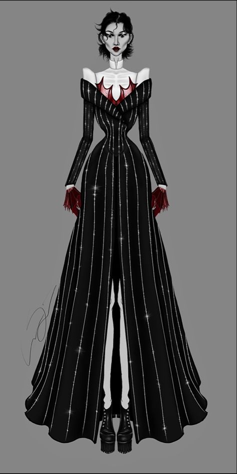 A Gomez Addams inspired fashion design illustration of a white top with dramatic structured shoulders and a transparent bat wing corset bustier paired with an off the shoulder rhinestone pinstripe jacket with a matching long open skirt and chunky platform ankle length boots. Vampire Vibes, Vampire Fashion, Gothic Looks, Fashion Illustrations, Memento Mori, Fashion Drawing, Dark Art, Classy Outfits, Fashion Illustration