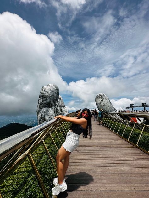 my most favourite attraction of the entire trip, Sunworld Da nang #goldenbridge #vietnam #aesthetic #travel Vietnam Photoshoot Ideas, Vietnam Instagram Pictures, Vietnam Poses, Vietnam Outfit, Vietnam Aesthetic, Vacation Board, Vietnam Itinerary, Golden Bridge, Da Nang Vietnam