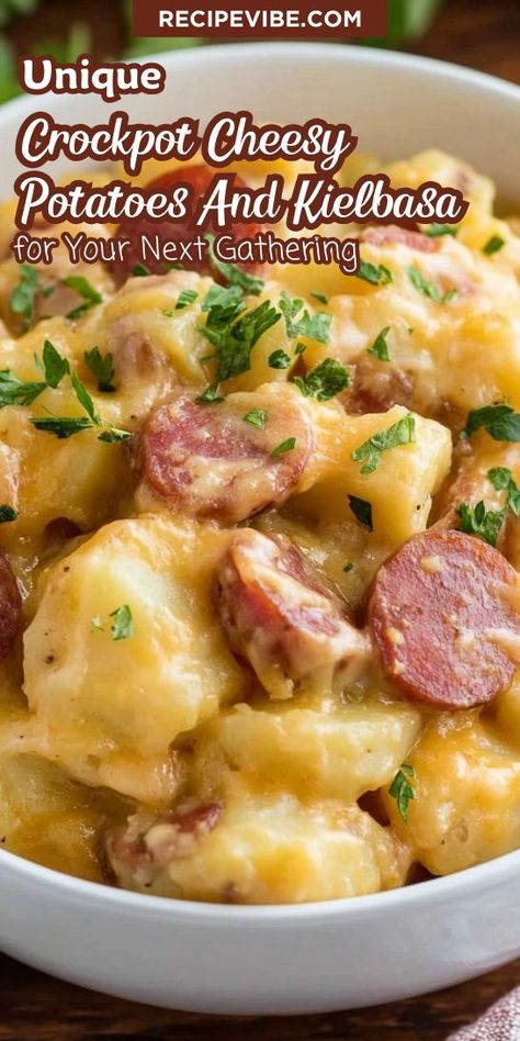 Discover an easy Crockpot Cheesy Potatoes and Kielbasa recipe perfect for a hearty dinner. This creamy dish combines savory kielbasa with cheesy potatoes for a comforting meal your family will love. Potatoes And Kielbasa, Kielbasa Crockpot, Easy Kielbasa Recipes, Crockpot Cheesy Potatoes, Smoked Sausage And Potato Recipe, Kielbasa Recipe, Cheesy Potatoes Crock Pot, Creamy Cheesy Potatoes, Recipe For Family