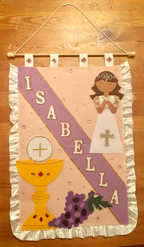 First Communion Banner Girl, 1st Communion Banner Ideas, First Communion Banner Ideas, Communion Banner Ideas, Communion Banners, First Communion Banner, Holy Communion Party, First Communion Decorations, Communion Ideas