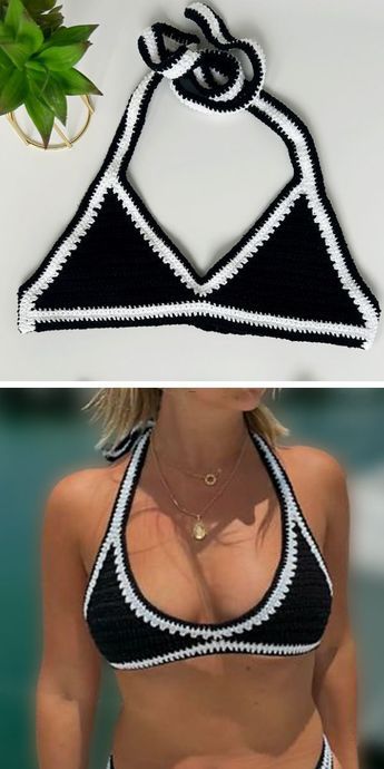 This crochet halter top is for those who value simplicity in clothing. The construction is classic and great for beach days. Plus, the neutral black and white colors mean it will suit everyone. Consider this crochet bralette pattern if you want to make a stunning piece quickly and without stress. The pattern comes in sizes XS-5XL. Crochet Bralette Pattern Free, Crochet Halter Tops Free, 6 Month Challenge, Crochet Bralette Pattern, Crochet Bralette Top, Crochet Halter Top Pattern, Halter Top Pattern, Black Crochet Top, Month Challenge