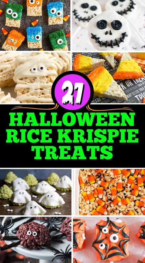 These halloween-themed Rice Krispie treats are great for hallowen parties and school halloween parties. Made with simple ingredients, these are a fun kid-friendly activity! Monster Krispie Treats, Spider Rice Krispie Treats, Halloween Rice Crispies Treats, Rice Krispie Treats For Halloween, Halloween Rice Crispy Treats Ideas, Spooky Rice Krispie Treats, Halloween Rice Krispie Treats Ideas Easy, Rice Crispy Treats Halloween, Rice Krispies Halloween