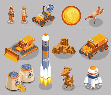 Space exploration isometric icons on grey background with astronauts, planet, rocket launch, transportation, alien isolated vector Isometric Assets, Space Station Illustration, Space Colonization, Isometric Icons, Virtual Production, Space Scene, Adobe Illustrator Graphic Design, Rocket Launch, About Space