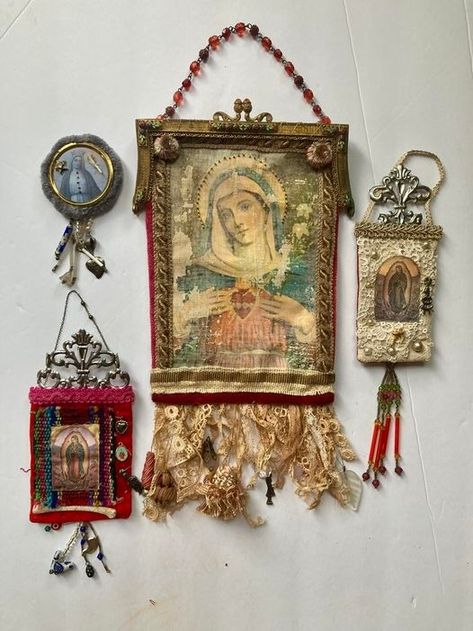 (4) Mavis Leahy Art - Tiny Treasures XVll Cactus Gallery’s Holiday... | Facebook Small Art Installation, Unconventional Materials Art, Mary Shrine, Paper Casting, Catholic Relics, Religious Altars, Shrines Art, Holy Mary, Diy Frames