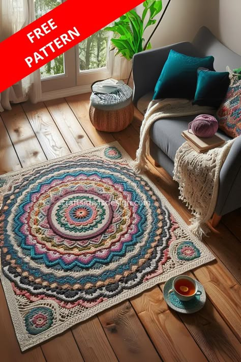 Add a touch of handmade elegance to your home with a gorgeous crochet mandala rug. Learn how to create this stunning and functional centerpiece with our detailed pattern. Granny Square Rug Crochet, Crochet Throw Rug, Boho Crochet Rug Patterns Free, Mandala Rug Crochet, Mandala Crochet Rug Free Pattern, Crochet Kitchen Mat, Crochet Mandala Tutorial, Crochet Living Room Rug, Crochet Rug Ideas