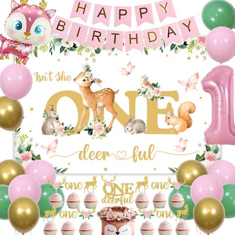 PRICES MAY VARY. 35 Pack Isn't She Onederful Girls 1st Birthday Decorations Set: The whole package includes - 18 latex balloons (5 green, 5 gold, 8 pink), 1 x pink deer foil balloon, 1 x number "1" balloon, 1 x cake topper, 12 x cupcake toppers, 1 backdrop, 1 "HAPPY BIRTHDAY" banner, which can meet your most needs of girl’s first birthday party decors. Self-designed Fresh-looking “Isn't She Onederful” Backdrop 3.28*4.92 ft: The woodland theme backdrop is self-designed by our designer, can be a u Theme For 1st Birthday Girl, Girl 1st Birthday Theme, One Year Old Birthday Party Girl, Onederful Backdrop, Girl First Birthday Party Ideas, Deer First Birthday, Isn't She Onederful, Baby Girls 1st Birthday, Backdrop Balloons