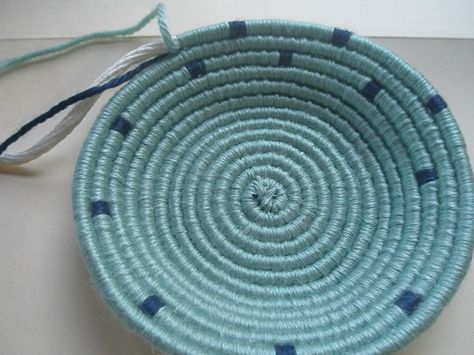 yarn coil baskets | Second Basket unfinished. Here I'm adding finishing edge. But note ... Yarn Baskets, Coil Basket, Basket Weaving Diy, Yarn Basket, Rope Projects, Coiled Fabric Basket, Coiled Rope, Pine Needle Baskets, Coiled Baskets