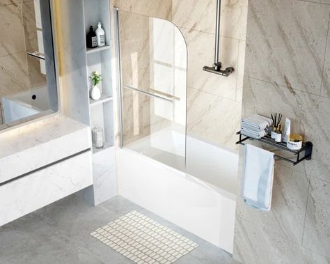 35 In. W X 55 In. H Frameless Pivot Tub Door 1/5" Clear Glass With Towel Bar, Brushed Nickel. 180 Degree Rotatable Bathtub Shower Door Bathtub Shower Door, Tiny Home Bathrooms, Bathtub Shower Doors, Tub Doors, Bathtub Shower, Shower Door, Shower Doors, Towel Bar, Brushed Nickel