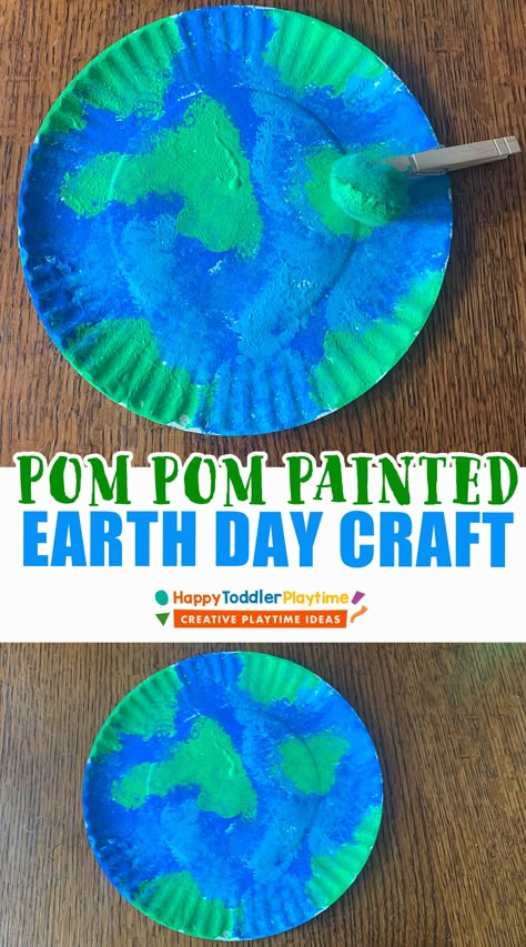 Pom Pom Painted Earth Day Craft - Happy Toddler Playtime Earth Day Craft, Preschool Painting, Painted Earth, Earth Week, Earth Day Projects, Earth Craft, April Crafts, Baby Art Projects, K Crafts