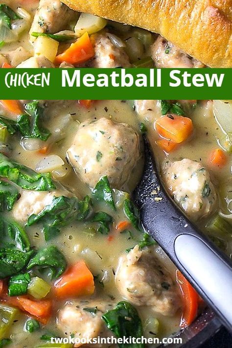 A lighter but still hearty Meatball Stew hits the 'comfort food'  and 'healthy' spot with lots of veggies and tender chicken meatballs in a herb-y sauce. Only 30 minutes. #comfortfoodrecipes #healthymeatballrecipes Meatballs In Sauce, Meatball Stew, Meatball Dinner, Chicken Meatball, Chicken Meatball Recipes, Meatball Sauce, Matzo Meal, Ground Chicken Recipes, Hearty Dinner