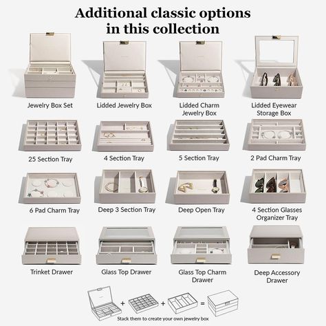 Stackers Taupe Classic Premium Stackable Jewelry Box | The Container Store Master Closet Organization, Jewelry Storage Solutions, Stackers Jewellery, Traditional Shelves, Functional Jewelry, Box Project, Pegboard Accessories, Classic Jewellery, Clothing Closet