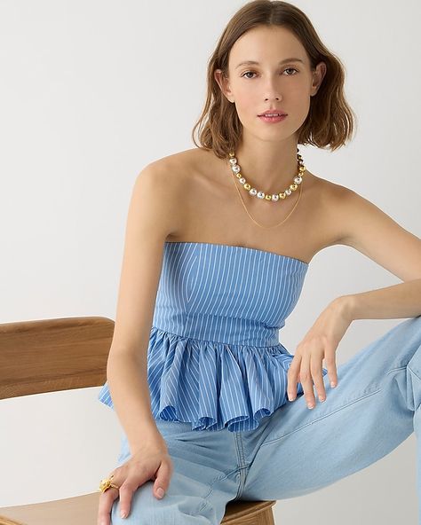 J.Crew: Strapless Peplum Top In Stretch Cotton Poplin-blend Stripe For Women Peplum Top Outfits, Strapless Peplum Top, Rainbow Striped Top, Blue Peplum Top, Just Style, Strapless Tops, Peplum Hem, Ribbed Tank Tops, Rugby Shirt