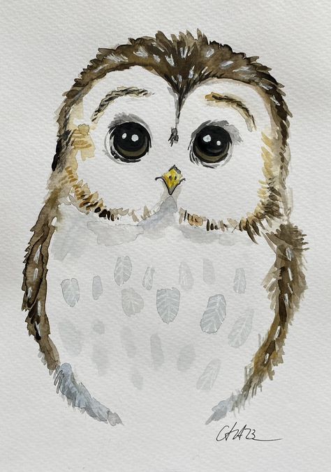 @Annabel Adler,Watercolor Painting, DinA 4, 2023, 145€. Watercolor Owls Simple, Easy Owl Painting, Watercolor Paintings For Sale, Owl Kids, Owl Watercolor, Bird Watercolor Paintings, Round Robin, Owl Illustration, Baby Owl