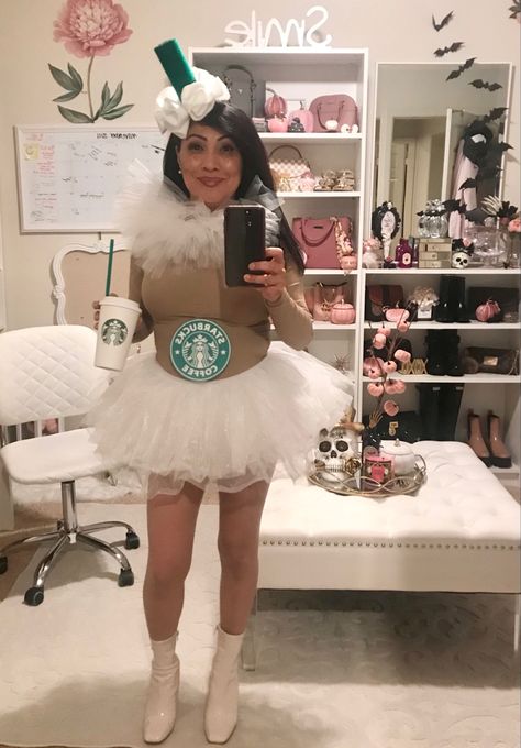 Adult Costume With Tutu, White Skirt Halloween Costume, Tutu Costumes Diy, Starbucks Halloween Costume, Starbucks Costume, Costume Tutu, Starbucks Diy, Starbucks Halloween, Diy Tutu