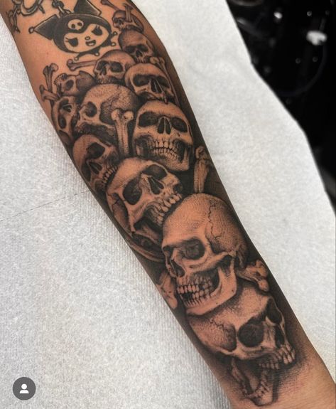 Men’s Skull Tattoos, Skull Bicep Tattoo, Skull Filler Tattoo Ideas, Arm Sleves Tattoo Design, Rock Sleeve Tattoo, Halloween Forearm Tattoo, Skull Tattoos Sleeve, Skull Forearm Tattoo Men, Skull Tattoo Filler