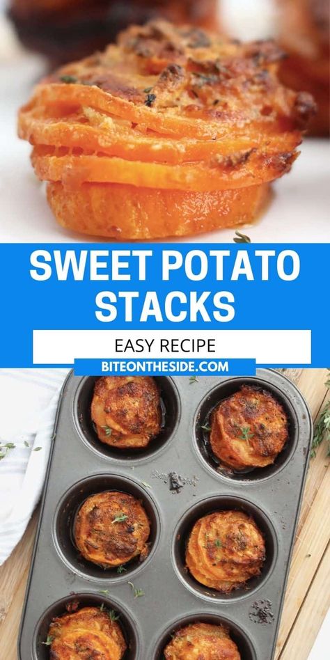 Potato Stacks Muffin Tins, Sliced Sweet Potatoes, Potato Stacks Recipes, Sweet Potato Appetizers, Baked Sweet Potato Slices, Sweet Potato Stacks, Parmesan Potato Stacks, Scalloped Sweet Potatoes, Sweet Potato Cupcakes