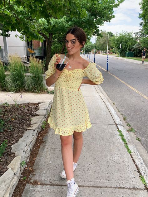 This adorable for love and lemons dress is perfect for summer and the transition season in the spring! With floral detail, cute puff sleeves, and a pale yellow #yellow #summer #summeroutfit #summerstyle #outfitoftheday #ootd #outfitinspiration #streetwear #streetstylefashion Yellow Dress Summer Casual, Pale Yellow Dress Outfit, Yellow Outfit Ideas Summer, Yellow Sundress Outfit, Pale Yellow Outfit, Yellow Summer Outfits, Yellow Dress Aesthetic, Easter Fits, Aesthetic Dresses Casual