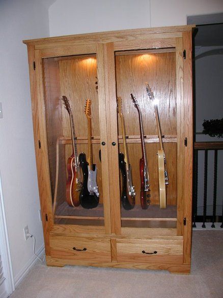 Hmmm Diy Guitar Cabinet, Guitar Storage Cabinet, Guitar Display Case, Guitar Storage, Studio Building, Guitar Display, Cabinet Diy, Guitar Rack, Diy Guitar