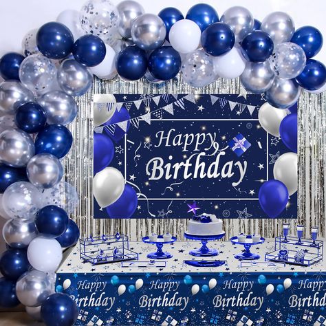 PRICES MAY VARY. 🎉Birthday decorations for Men & Women: The party supplies included happy birthday backdrop banner(59"*39.37"), happy birthday table cover(70.86"*42.51"), 20pcs blue latex balloons(10"), 15pcs silver latex balloons(10"), 15pcs white latex balloons(10"),10pcs silver confetti balloons(12"), 1 pack Foil Fringe Curtains, 10 meters ribbon and a straw. 🎉Navy Blue and Silver Birthday Decorations: Do you want to create a special birthday party? Do you want to leave an impressive party Blue Birthday Decorations For Men, Blue Birthday Decorations, Cowboy Party Decorations, 12th Birthday Party Ideas, Boy Party Decorations, Fringe Curtains, Balloons Arch, Decoration Backdrop, Birthday Decorations For Men