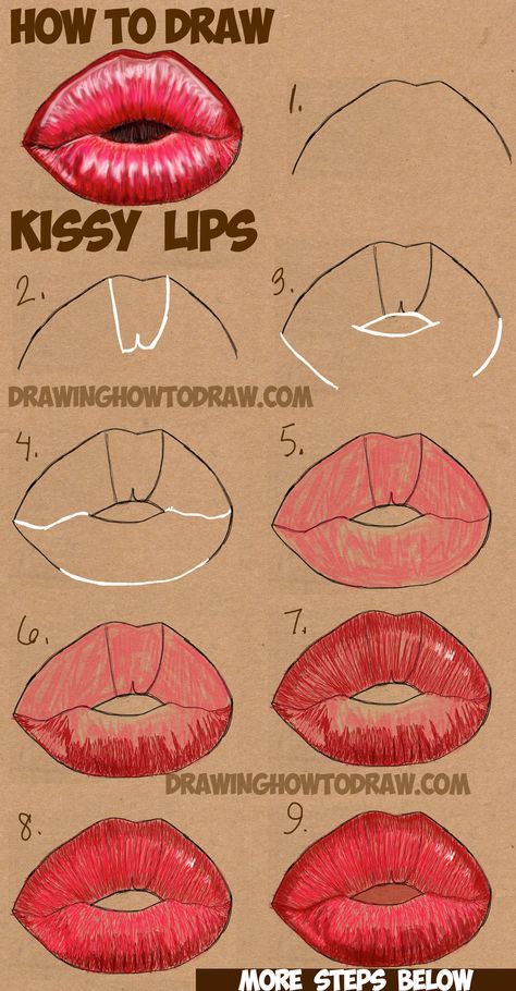 How to Draw Kissy Kissing Puckering Sexy Lips Lips Reference, Lips Step By Step, Puckered Lips, How To Draw Lips, Kissing Drawing, Lips Sketch, Draw Lips, Lips Painting, Drawing Instructions