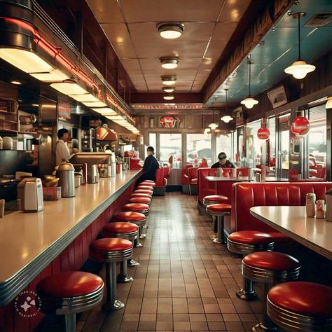 Restaurant Retro Burger Restaurant, Vintage Diner Interior, 90s Fast Food Restaurant, Modern American Diner, Small Diner Aesthetic, Dim Restaurant Aesthetic, Modern Diner Aesthetic, Fast Food Restaurant Photography, Small Diner Restaurant Ideas