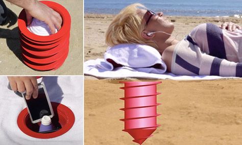 beach locker that screws into the sand - waterproof locker, known as the Beach Vault, 12in. deep in the sand, comes with a special towel that has a hole cut away for easy access Beach Gadgets, Hide Money, Travel Gadgets, Beach Hacks, Outdoor Essentials, Free Day, Destin Beach, Beach Time, Vaulting