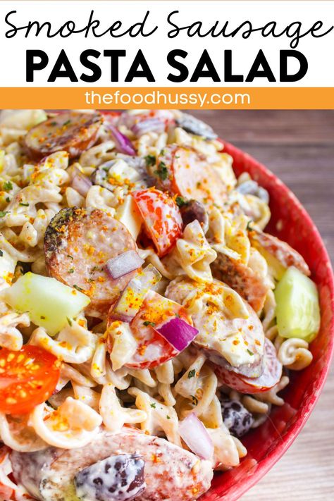 Sausage Pasta Salad is a perfect side dish for your potlucks or picnics! Loaded with Mediterranean favorites like fresh mozzarella, Kalamata olives, cucumbers and thick chunks of smoked sausage! Pasta Salad Sausage, Smoked Sausage Pasta Salad, Pasta Salad With Sausage, Sausage Pasta Salad, Sausage Salad Recipe, Turkey Sausage Pasta, Pork Side Dishes, Summer Sausage Recipes, Salad Meals