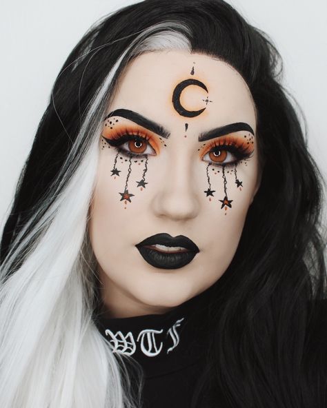 fall witch makeup Fall Witch Makeup, Nice Witch Makeup, Evil Witch Makeup Halloween, Star Witch Makeup, Witch Face Makeup Halloween, Witchy Make Up Ideas, Moon Witch Makeup Halloween, Glitter Witch Makeup, Lunar Witch Makeup