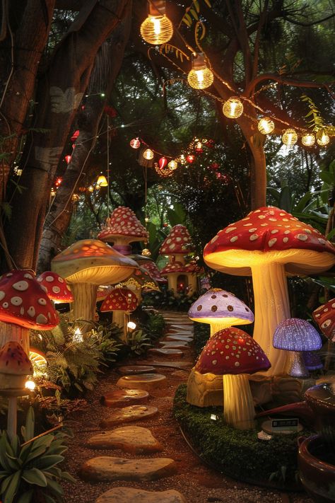 Trail Decorating Ideas, Eclectic Garden Decor, Magic Garden Ideas, Fairy Forest Decor, Whimsical Halloween Decor, Alice In Wonderland Garden Ideas, Fairy Forest Aesthetic, Forest Garden Ideas, Quirky Garden Ideas