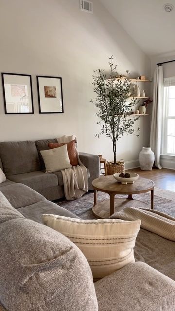 Organic Modern Decor Small Space, Dark Room Aesthetic Living Room, Organic Modern With Grey Couch, Farmhouse Organic Decor, Gray Apartment Living Room Cozy, Living Room Greige Couch, Simple Grey Living Room Ideas, Delaney Childs House, Home Decor Grey Couch