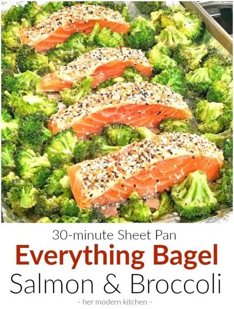 30-Minute Sheet Pan Everything Bagel Salmon & Broccoli Bake - her modern kitchen Salmon Broccoli Recipes, One Pan Salmon And Broccoli, Oven Roasted Salmon Sheet Pan, Everything Bagel Sheet Pan Salmon, Sheetpan Salmon And Broccoli, Salmon And Brussel Sprouts Sheet Pan, 30 Minute Meals Healthy, Salmon And Broccoli, Broccoli Bake