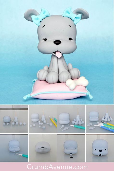 free, tutorial, how to make, cake topper, step by step, dog, dogs, puppies, pillow, bone, figure, figurine, idea, clay, inspiration, sugar craft, art, Crumb Avenue, fondant, gum paste, cake decorating Puppy Cake Topper, Cake Cute, Fondant Figures Tutorial, Fondant Rose, Puppy Cake, Fondant Baby, Fondant Animals, Cake Topper Tutorial, Fondant Cake Toppers